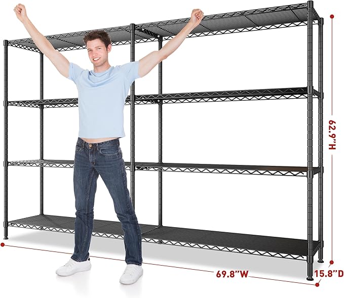 REIBII 69.8" W Storage Shelves 1250LBS Wire Shelving Unit 4 Tier Metal S...