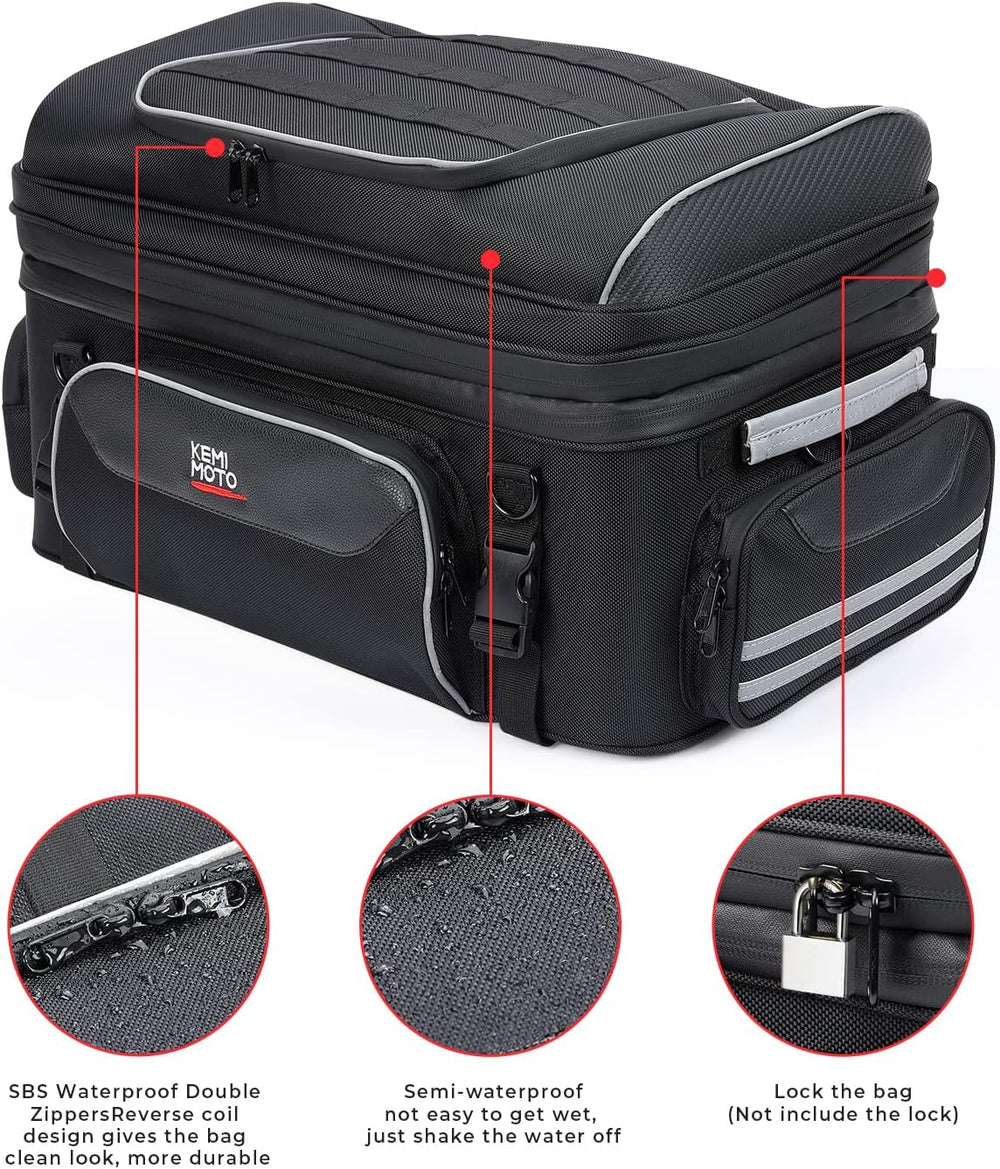 KEMIMOTO Expandable Motorcycle Traveler Tour Trunk Bag 40L-50L Luggage Rack T...
