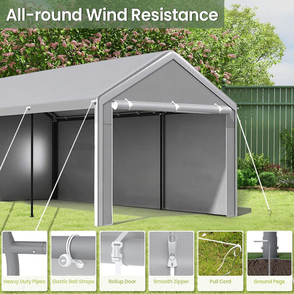 10x20 Carport with Sidewalls, Portable Garage Canopy for Truck Boat Storage
