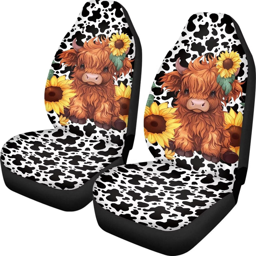 Cute Sunflower Highland Cow Front Seat Covers for Cars Bucket Seat Covers Bla...