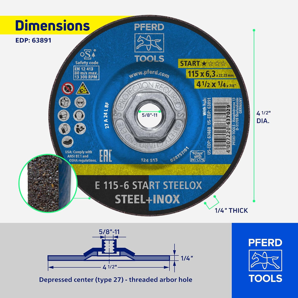 PFERD START STEELOX Type 27 Grinding Wheel, 4-1/2" x 1/4" x 5/8&quo...