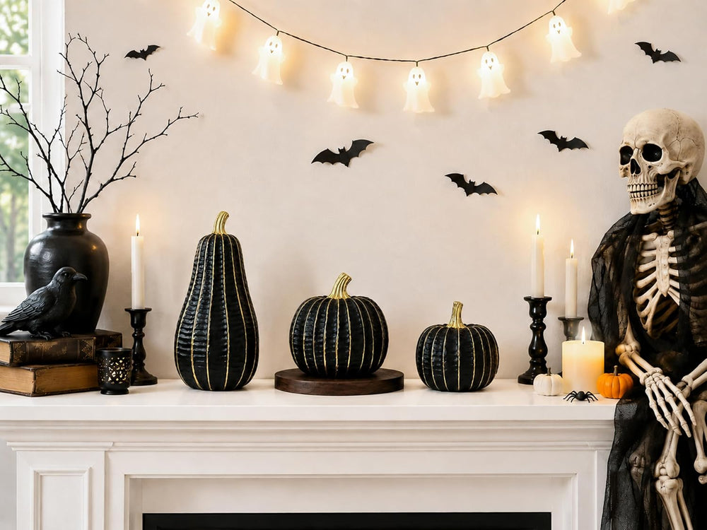 Parsin 3 Pcs Black & Gold Resin Pumpkin Decorations for Fall and Halloween