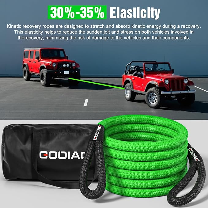 GODIAG 1"×30ft Kinetic Recovery Rope Recovery Tow Strap Heavy Duty Energ...