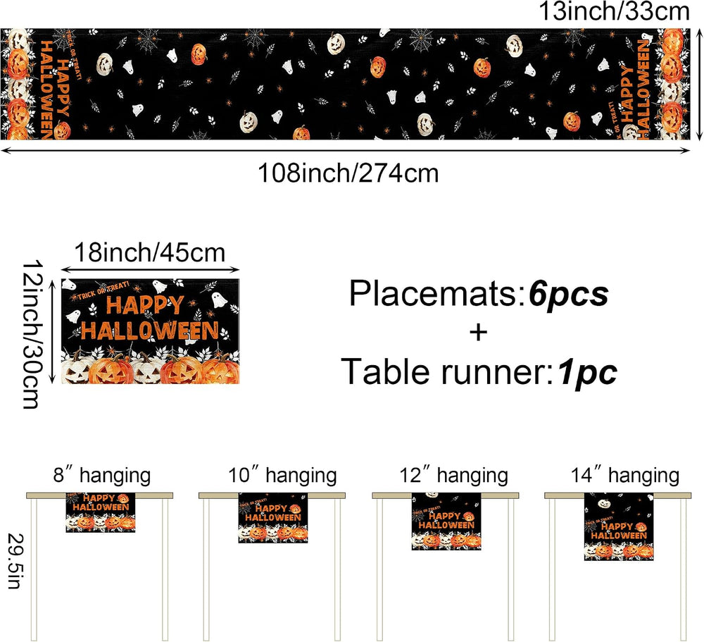 Happy Halloween Pumpkin Ghost Table Runner and Place Mats Set of 6 108 in