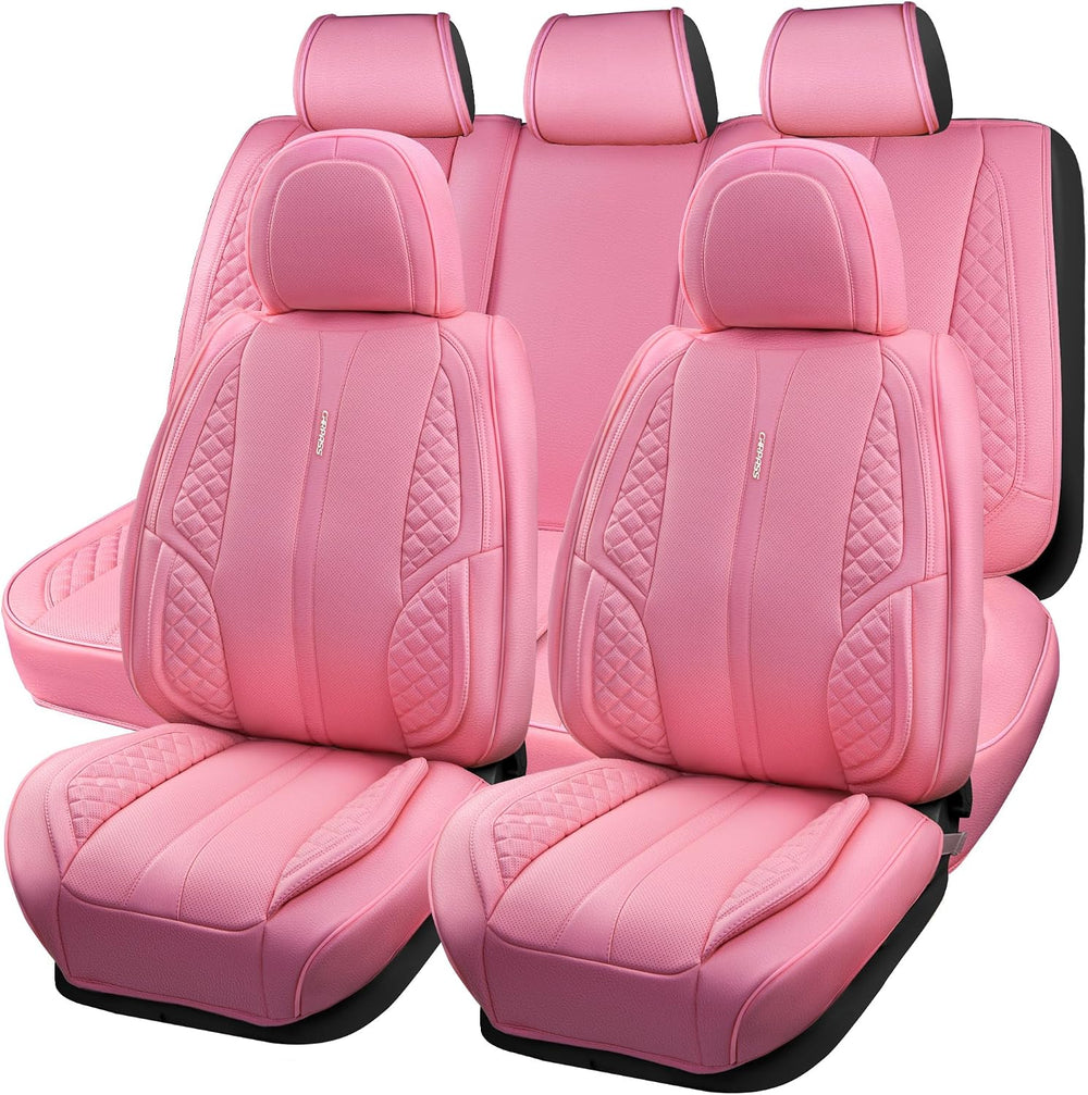 CAR PASS Nappa Pink PU Leather Car Seat Covers Full Set Cute for Women Waterp...