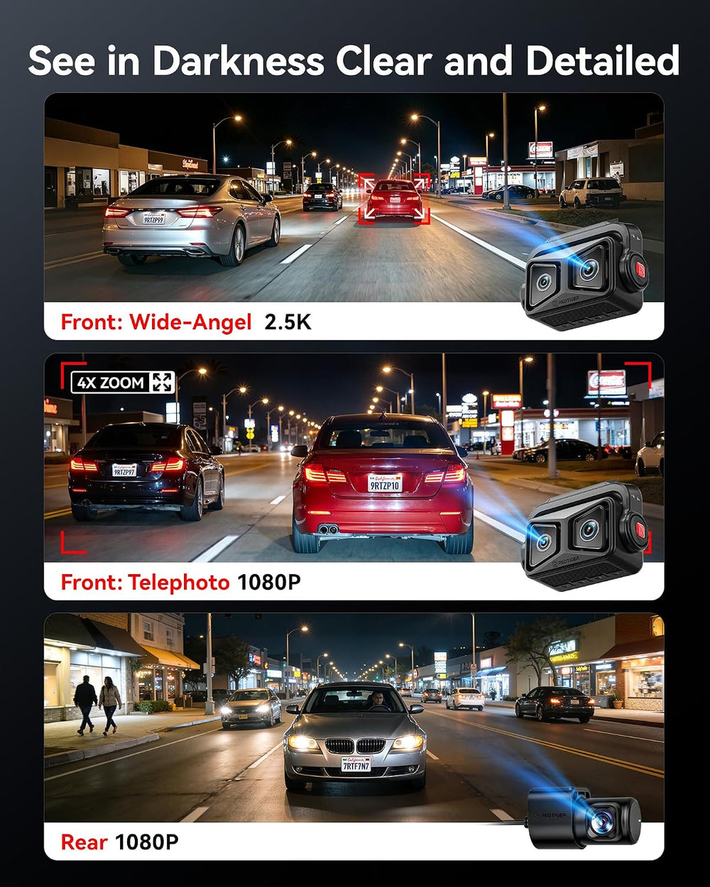 REDTIGER ZP1 Telephoto+Wide Dash Cam, 4X Zoom, STARVIS 2, EIS Night Vision