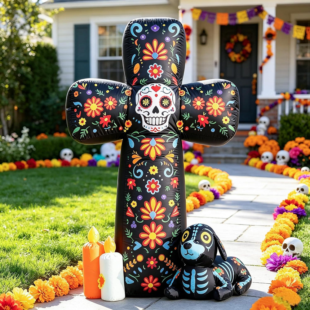 DomKom 6 FT Halloween Inflatable Outdoor Decorations, Day of the Dead Cross B...