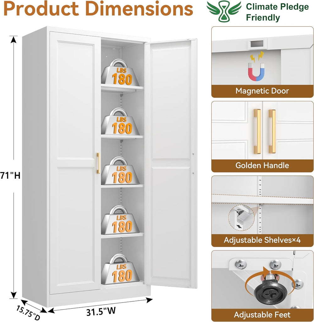 Polup 71" White Metal Kitchen Pantry Storage Cabinet with Doors and Shelves