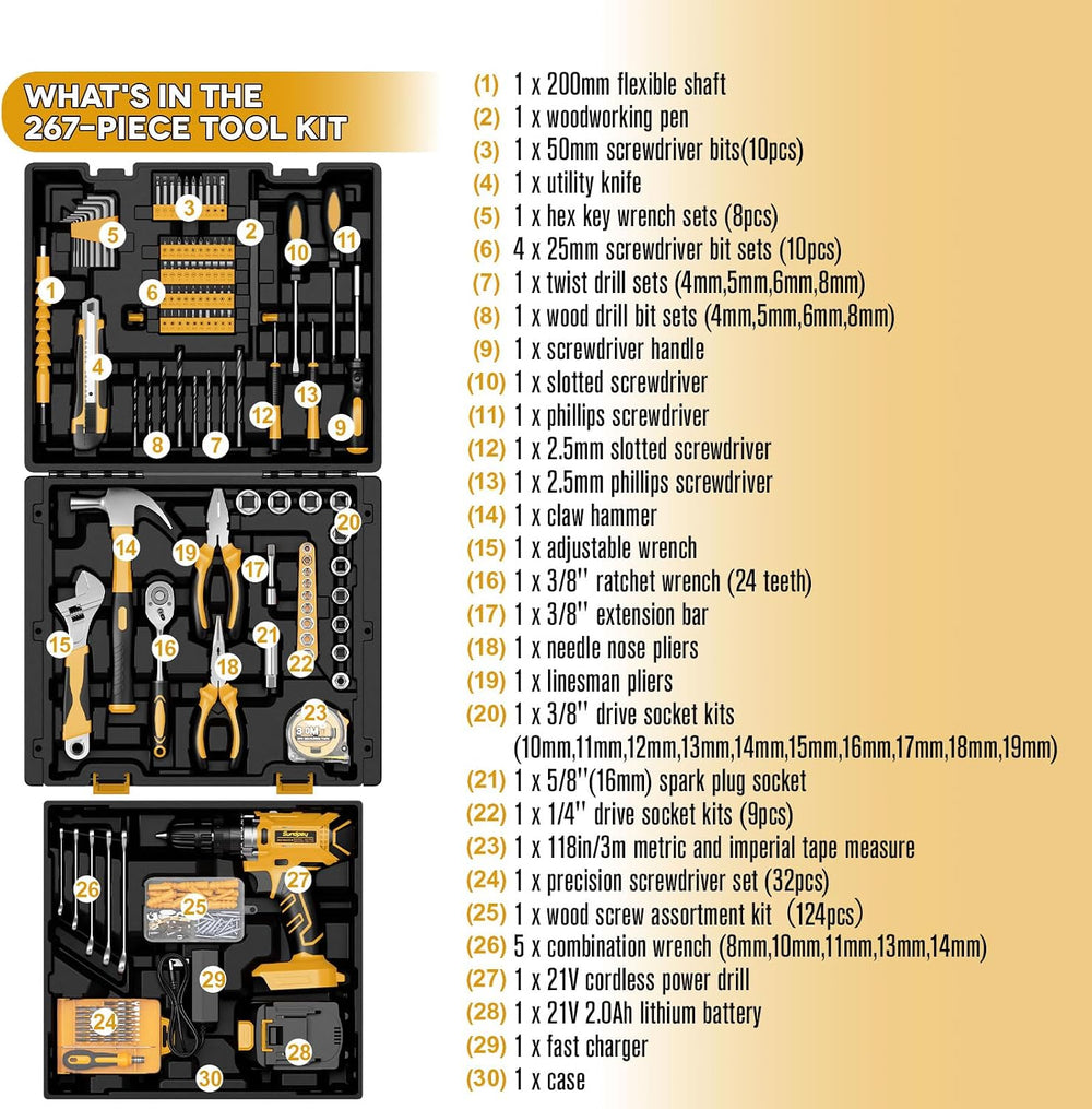 Sundpey 267 Pcs Tool Kit Set for Home with 21V Cordless Drill & Drawer Case