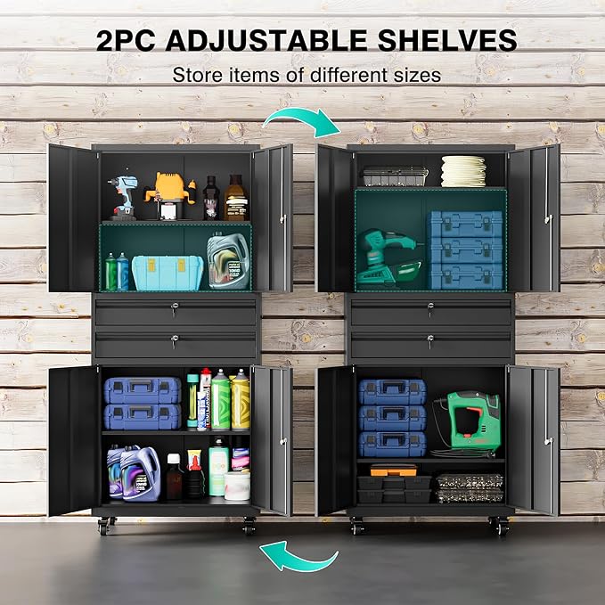 Metal Storage Cabinet with Wheels and Drawers, Rolling Garage Storage Cabinet
