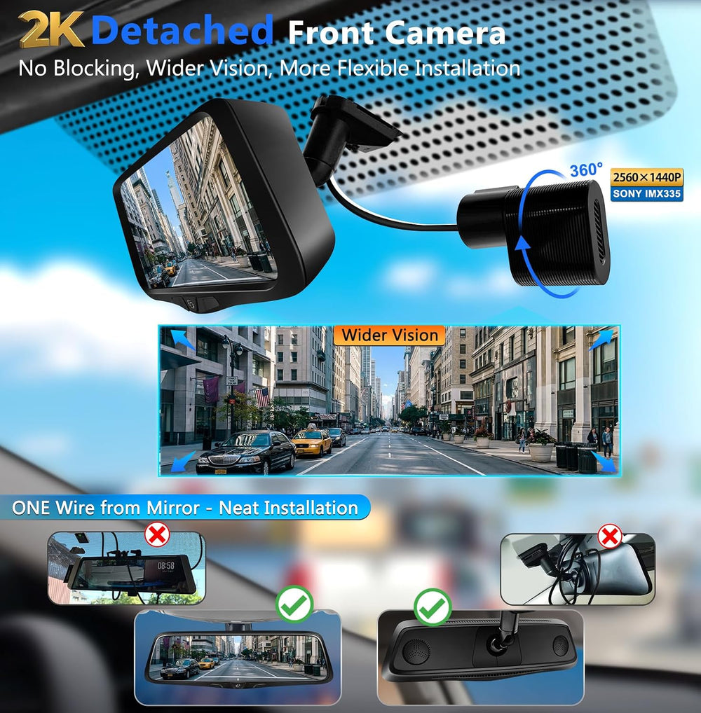10" OEM Mirror Dash Cam with Detached Front Camera,Rear View Zoom,64GB Card