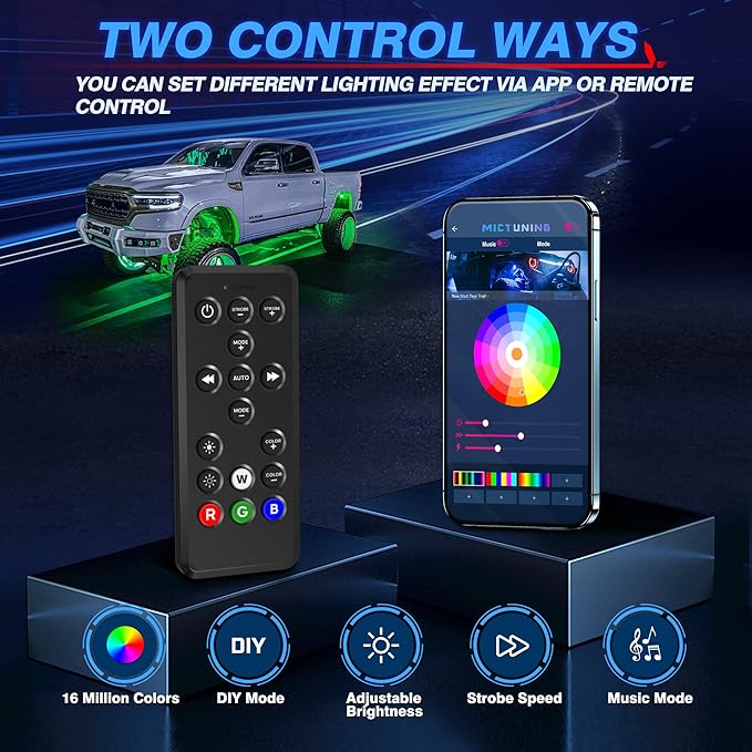 MICTUNING Q1 RGBW Rock Lights, 8 Pods Pure Color Underglow Neon Multicolor