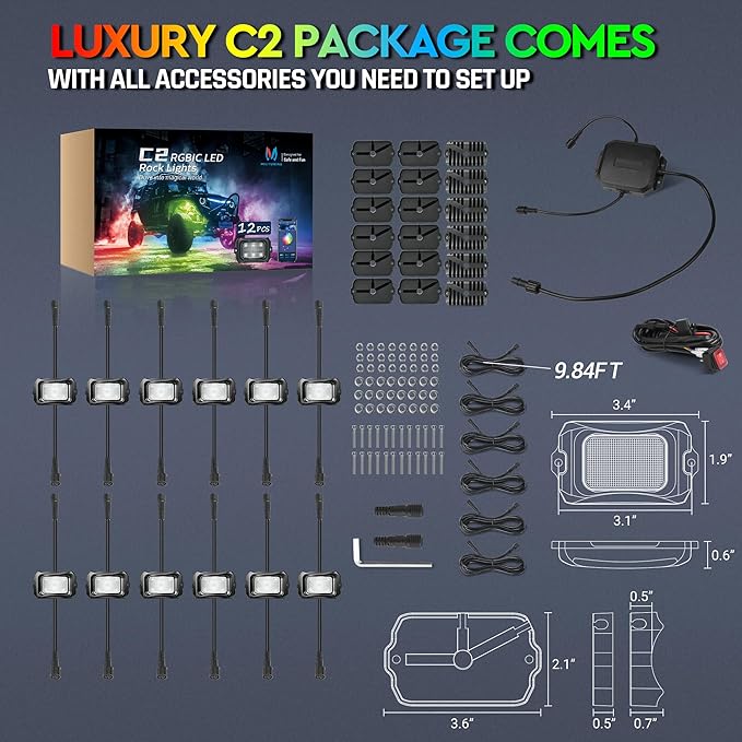 MICTUNING C2 Max RGB+IC Chasing Color LED Rock Lights (12 Pods)
