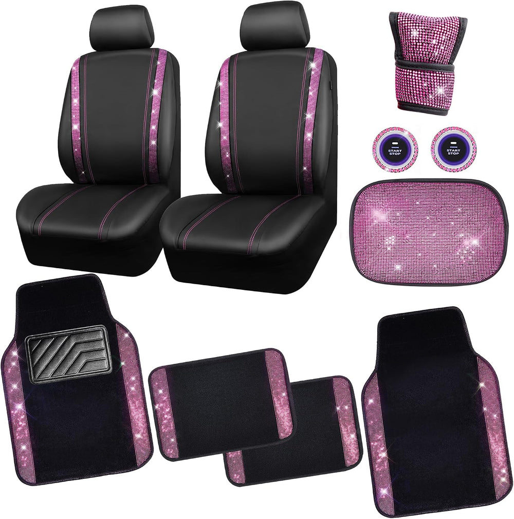 CAR PASS Bling Rhinestone Car Seat Covers Leather Shining Diamond Car Floor M...