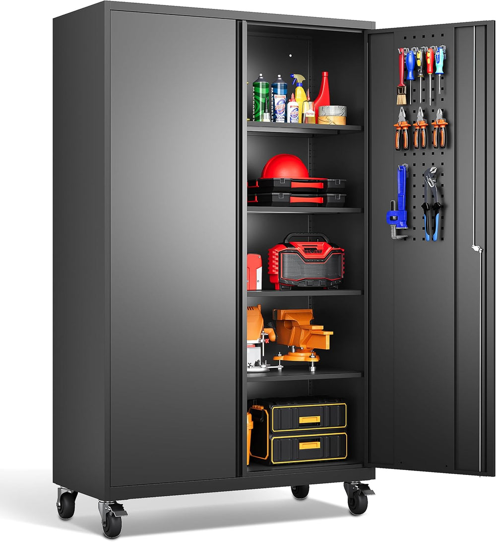 Wide & Deep Metal Storage Cabinet with Wheels,Tall Rolling Garage Storage...