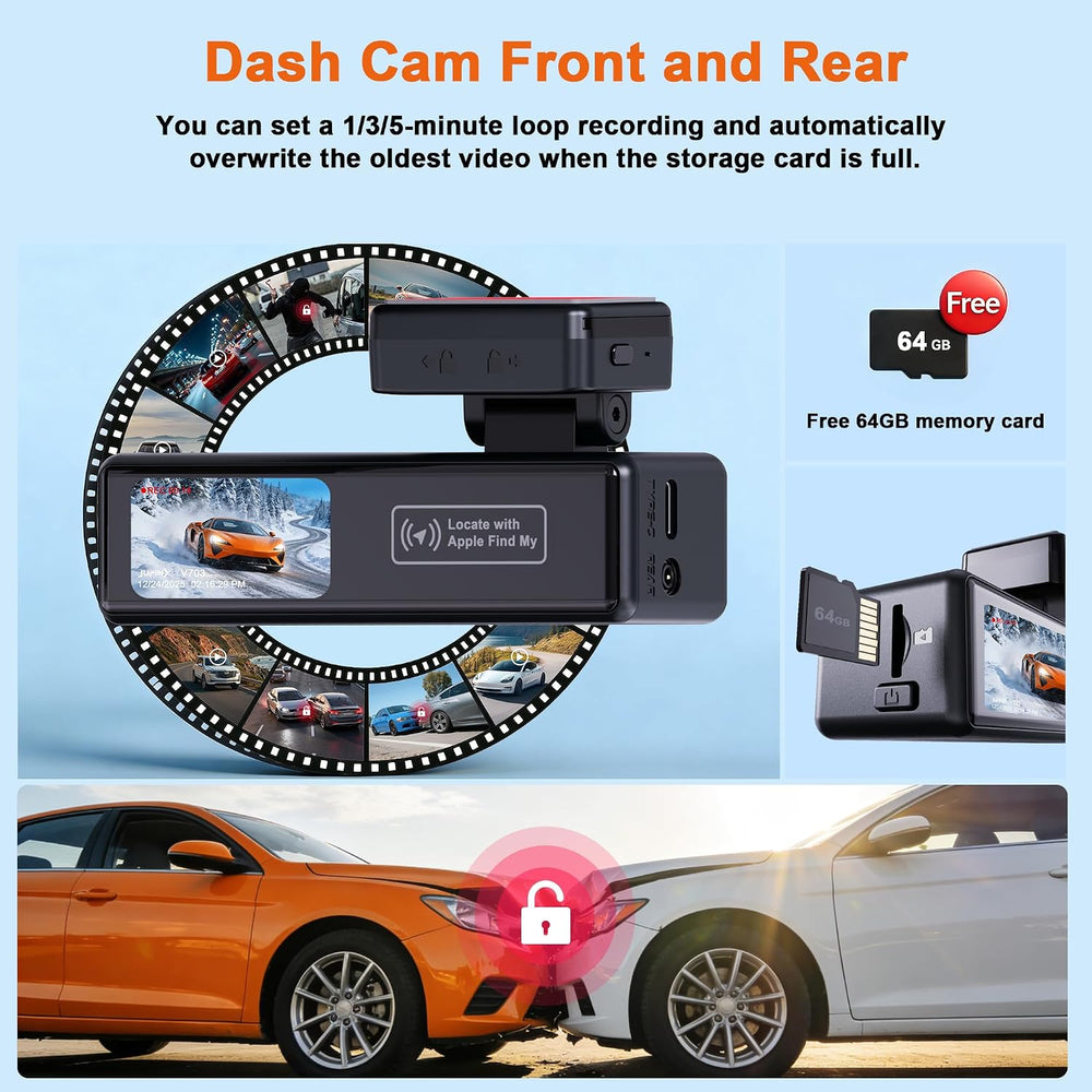 4K Dash Cam Front and Rear,64GB Card,with “Find My” Function, 5.8GHz WiFi