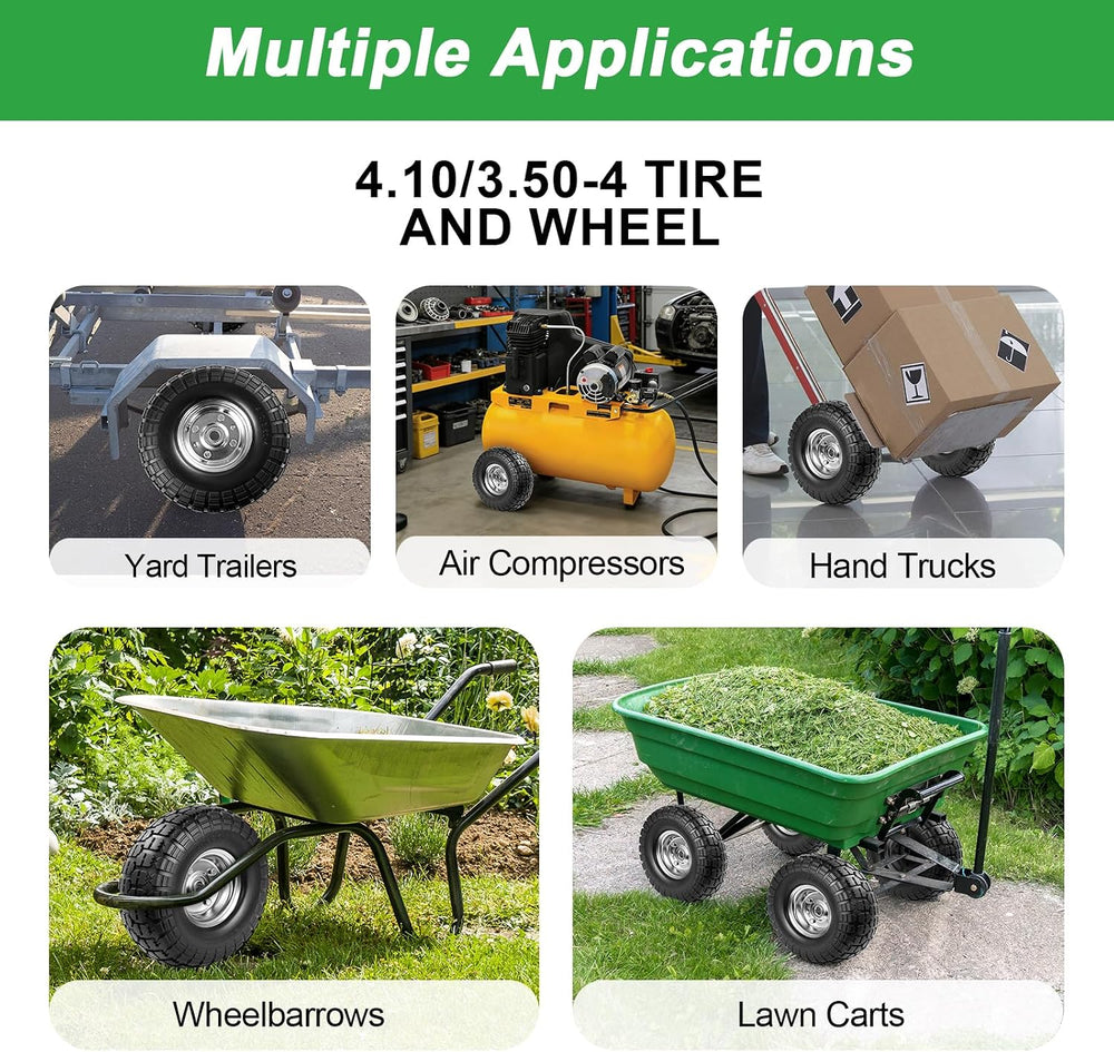 4.10/3.50-4 Tire Wheels Flat Free 10" Heavy Duty Solid Flat-Free Replace...