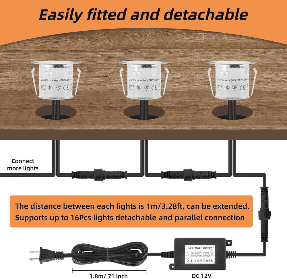 16 Pack Recessed LED Deck Light Kits with 12V Power Adapter, 32mm Warm White,...