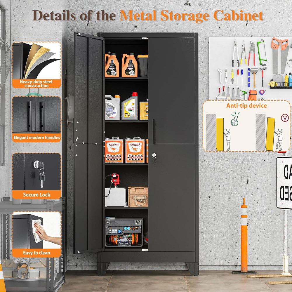 Metal Pantry Cabinets, 71" H Lockable Steel Storage Cabinet with 2 Doors
