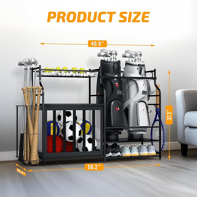 PLKOW Sports Equipment Organizer Rack, Garage Ball Rack, 2 Golf Bag Storage and