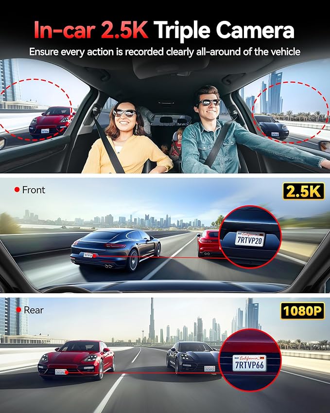 REDTIGER 530° Dash Cam 3 Channel, 2.5K+2.5K+1080P Triple Car Camera