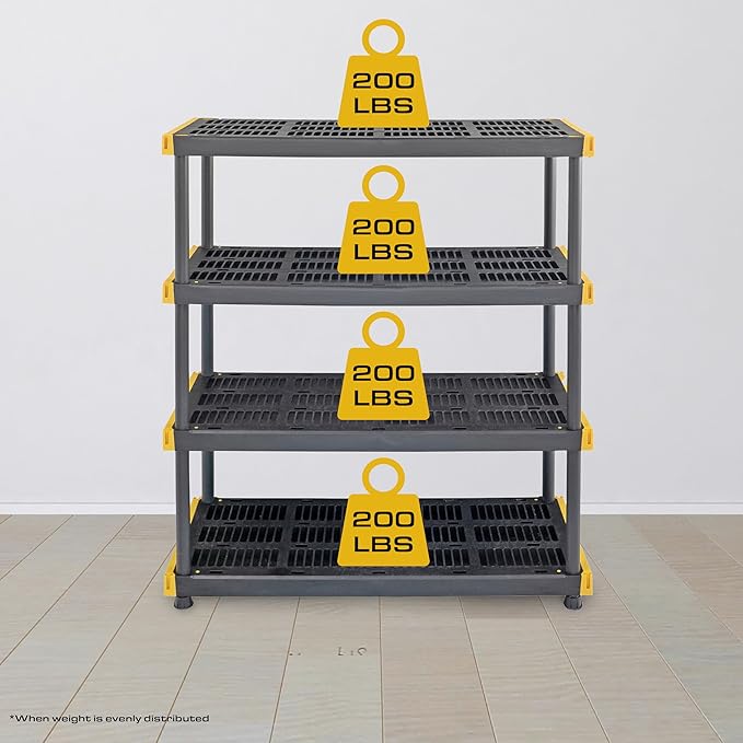 BLACK & YELLOW, 4-Tier Heavy Duty Plastic Storage Shelving Unit, 200lbs/s...