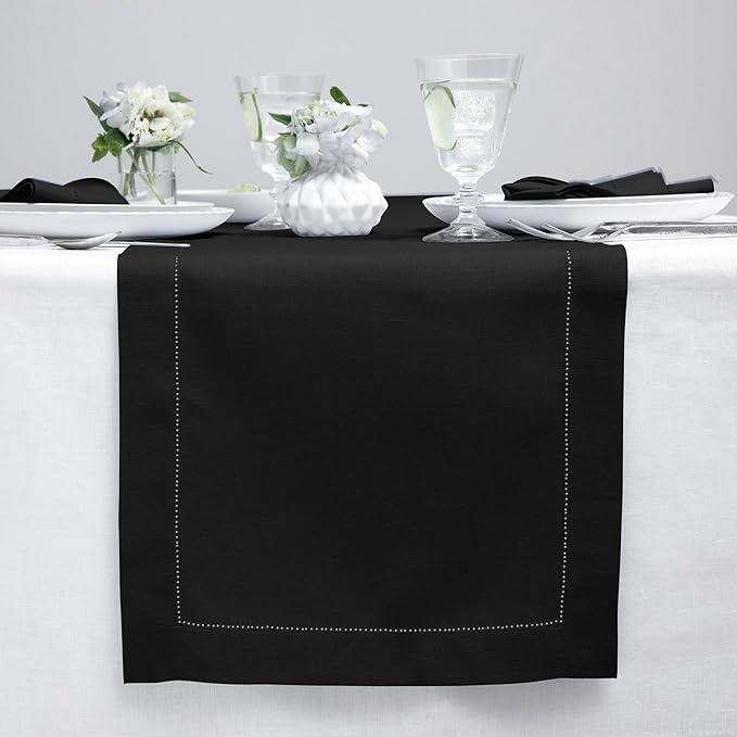 Solino Home Linen Black Table Runner 48 Inches - Classic Hemstitch, 100% Pure...