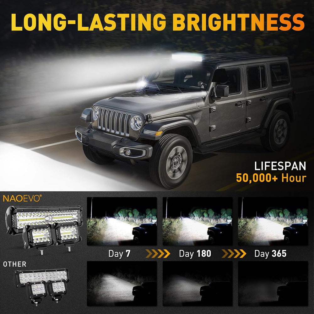NAOEVO 12Inch LED Light Bar and 2PCS 4Inch Pod Lights with 3-Lead Harness