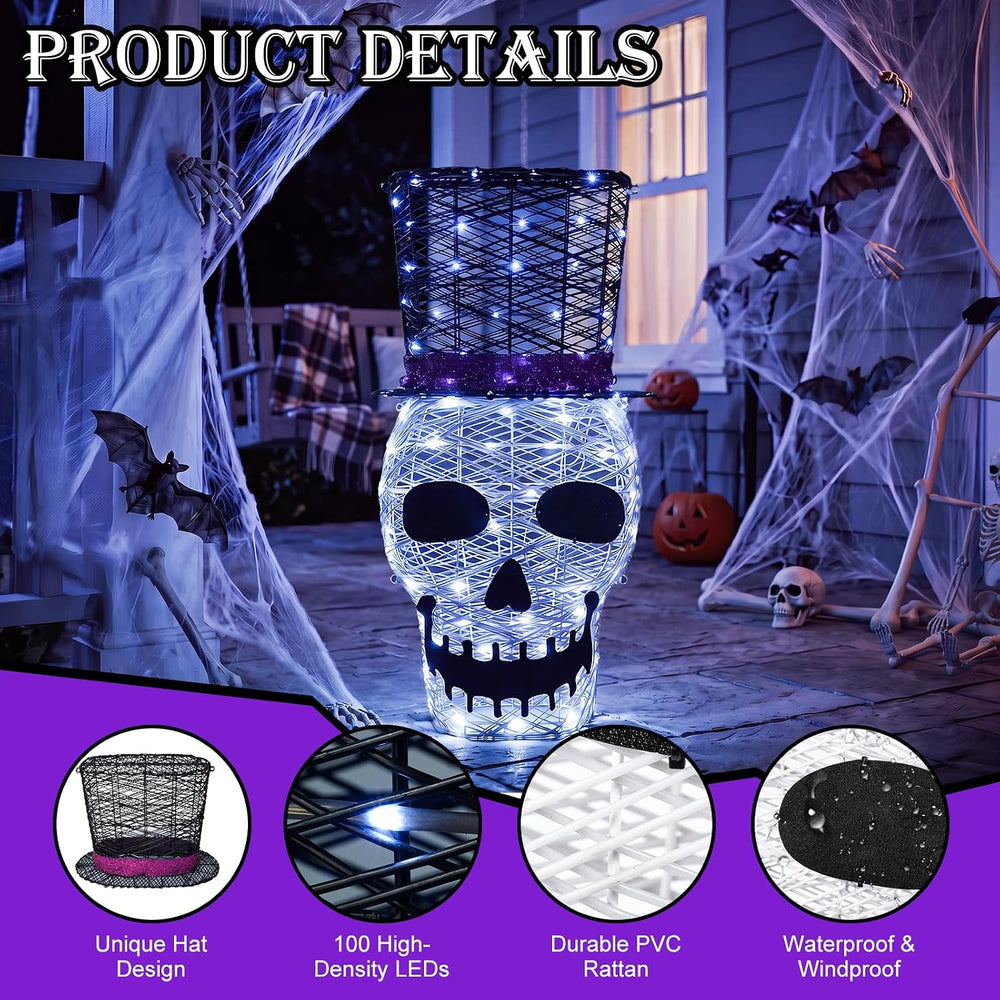 36" Lighted Skull with Top Hat,100 LED Prelit Skull Outdoor Halloween Decor