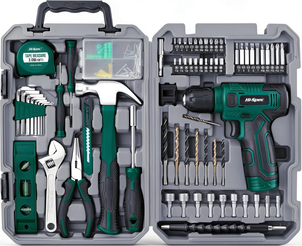 Hi-Spec 8V USB Power Drill Driver and Home Tool Kit with Toolbox Set, Green