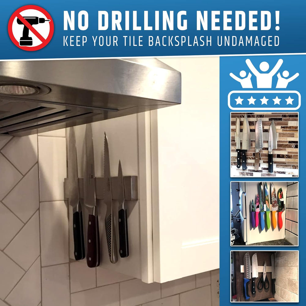 10" Strong Adhesive (No Drill) Magnetic Knife Holder for Wall - Professi...