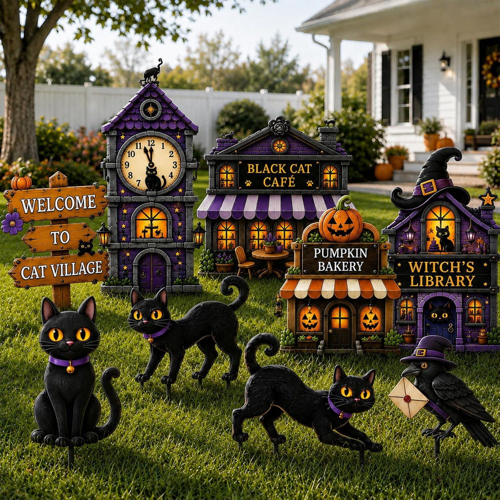 Halloween Yard Signs Outdoor Decorations - 12 Pcs Black Cat Village Set