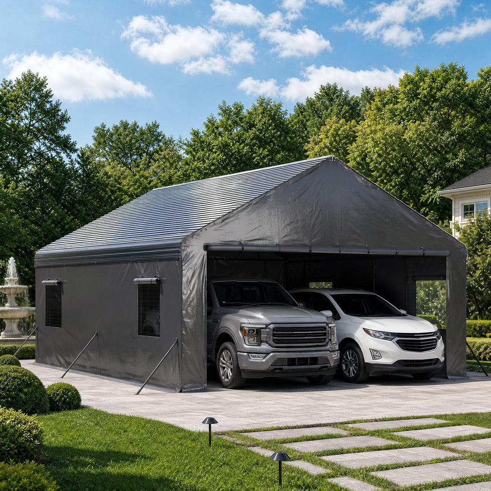 20x20FT Metal Carport with Removable Sidewalls & Mesh Windows