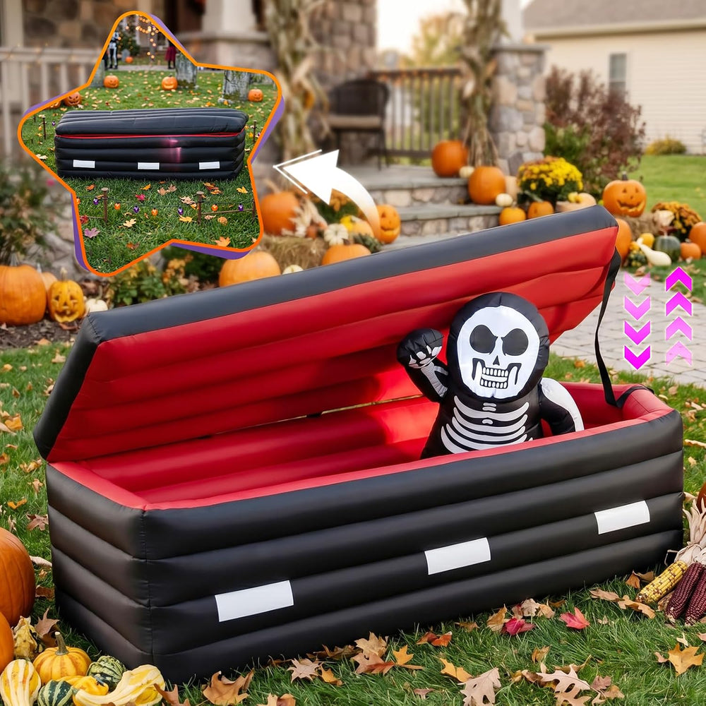 6 FT Halloween Inflatable Coffin with Rising Skeleton