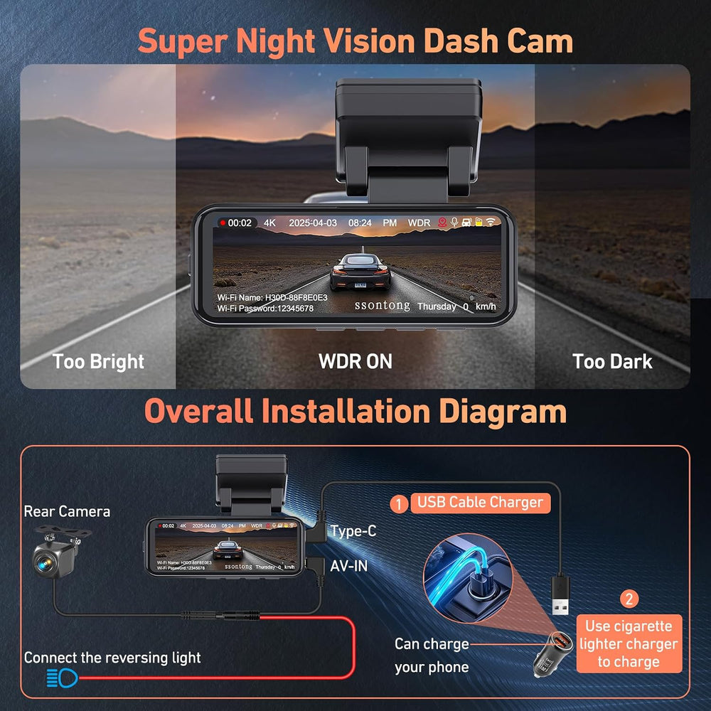 Dash Cam Front and Rear, 4K GPS 5.8G WiFi ADAS Dashcam,3.2" IPS Screen 32GB
