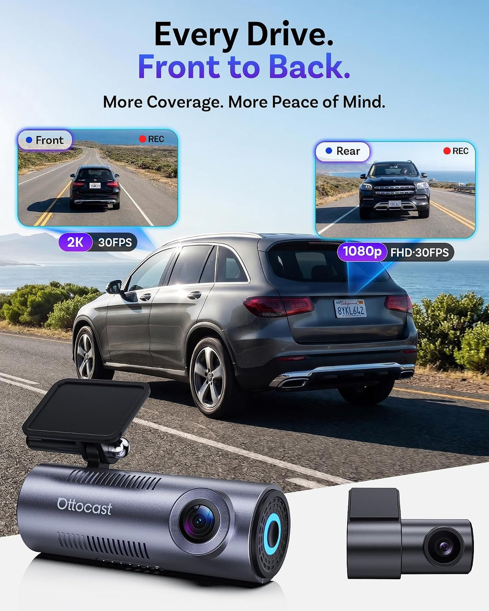 OTTOCAST OttoSafe Dash Cam Front and Rear with Wireless CarPlay Adapter