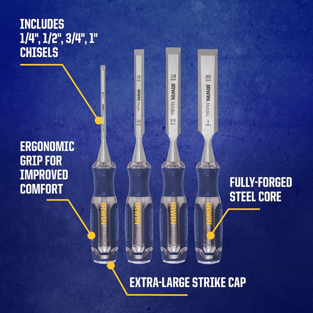 IRWIN Chisel Set, Woodworking, 4-Pack, Extra-Long Strike Cap, Strong & Du...
