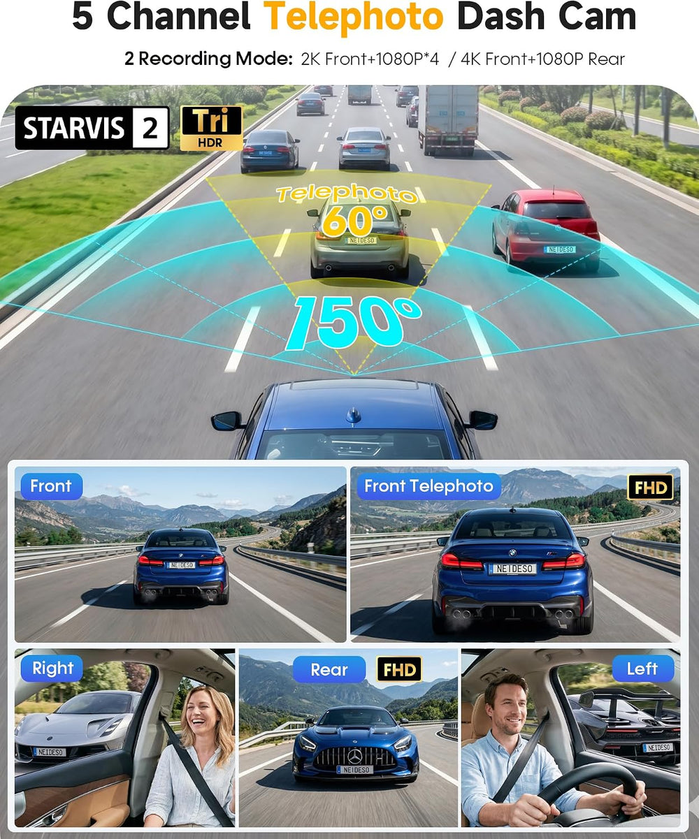 Neideso 5 Channel Telephoto 4K Dash Cam for Zoom Details, 360° View, N800