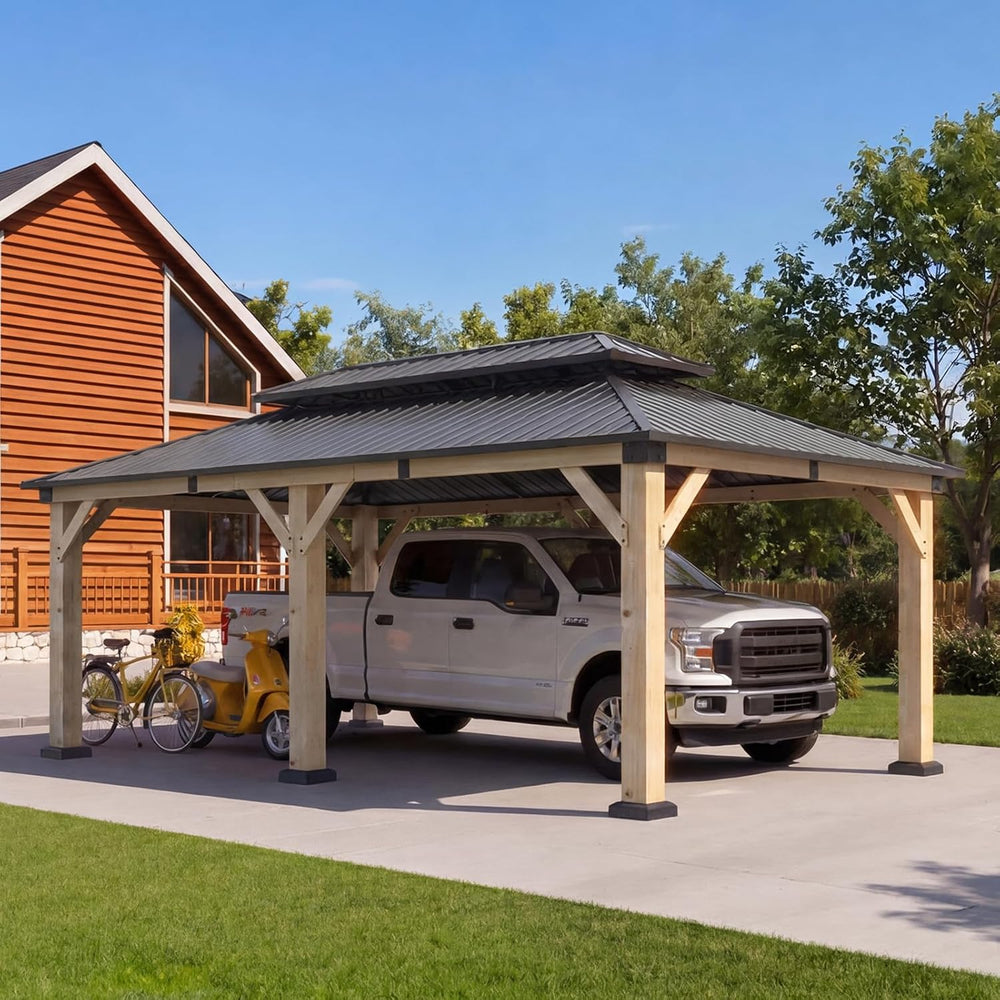 Aoxun 12x20 FT Heavy Duty Cedar Wood Carport, Double Galvanized Steel Roof