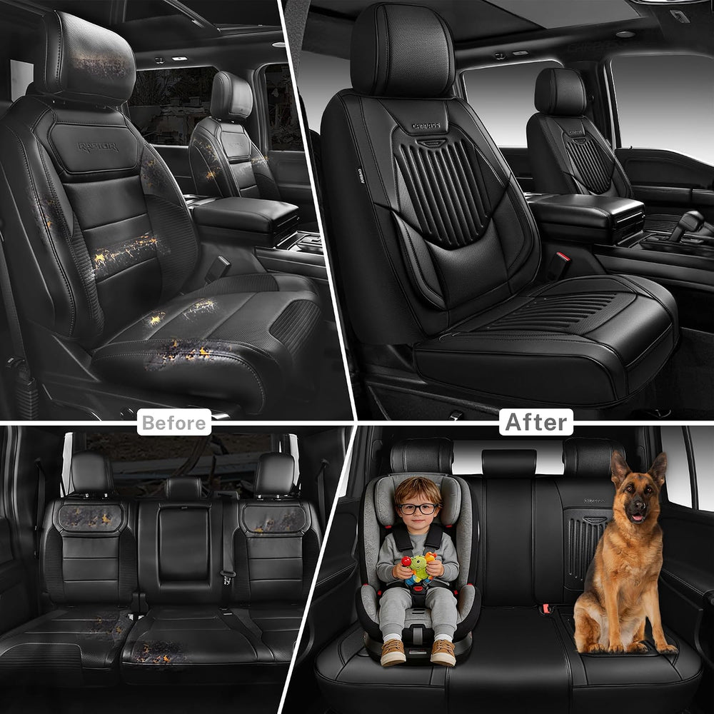CAR PASS Luxury Nappa Leather Car Seat Covers Full Set, Lumbar Support Seat C...