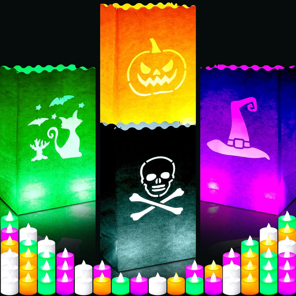 Meanplan 48 Pcs Halloween Luminary Bags with LED Light Candles Set, Novel