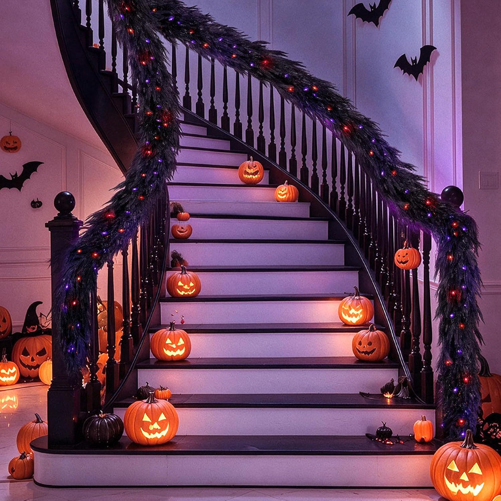 9FT Soft Touch Black Norfolk Pine Halloween Garland with Timer Lights