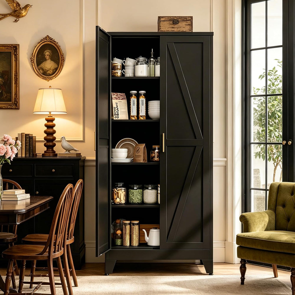 71" H Black Metal Storage Cabinets,Garage Storage Cabinet,Tall Pantry Ca...