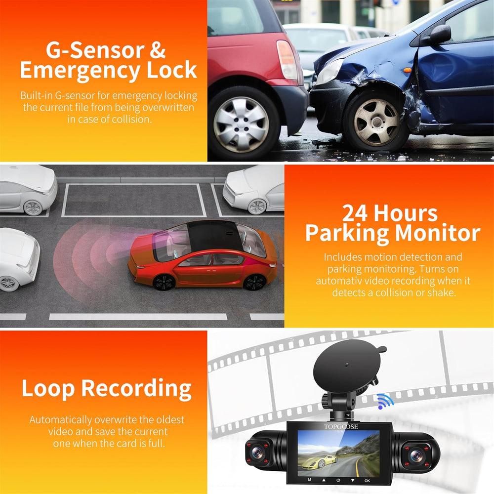 4 Channel Dash Cam 360° View,TOPGOOSE 2K Front and Rear Inside, Left Right Da...