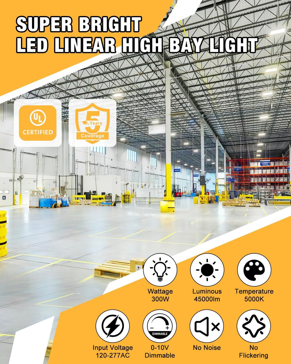 LED Linear High Bay Light, 300W 45000LM 5000K High Bay Shop Lights
