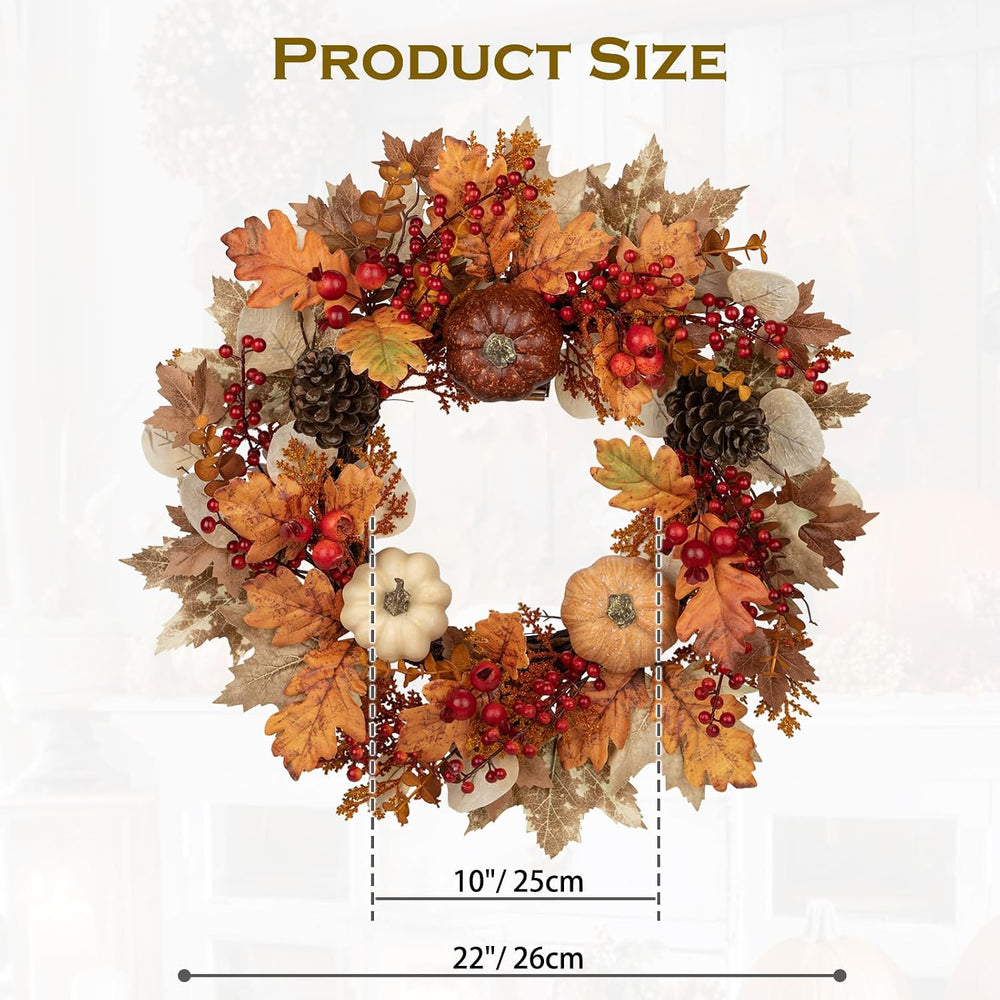 22" Artificial Fall Wreath for Front Door Autumn Harvest Wreath with Pum...