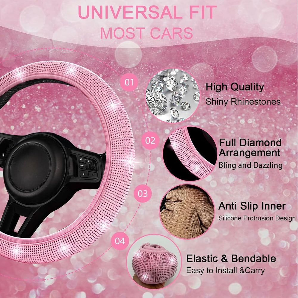 30 Pcs Pink Bling Car Accessories Set for Women, Pink Steering Wheel Cover Se...