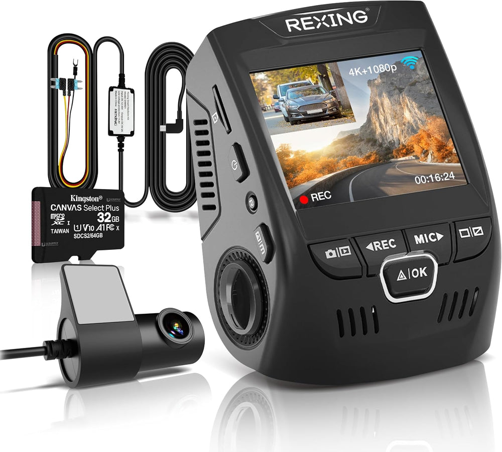 RexingUSA V1P 4K Dual Dash Cam, 4K+1080P Front & Rear, Wi-Fi, 2.4” LCD, 1...