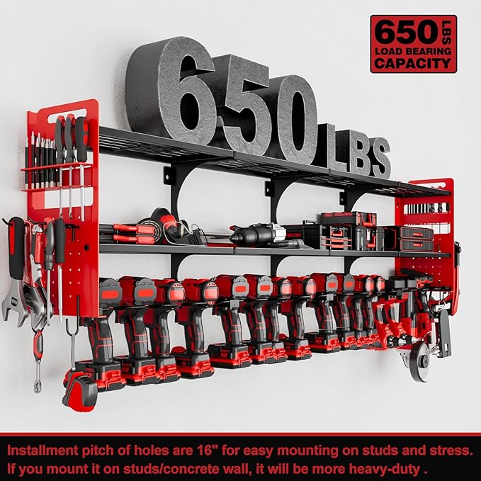 64" Power Tool Organizer Wall Mount, 16 Slots, 3-Tier Drill & Cordle...