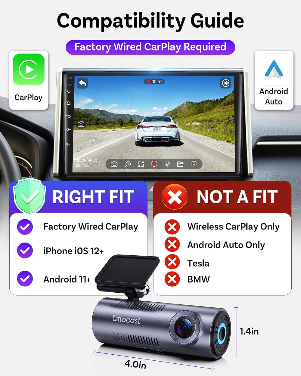 OTTOCAST OttoSafe Dash Cam Front and Rear with Wireless CarPlay Adapter